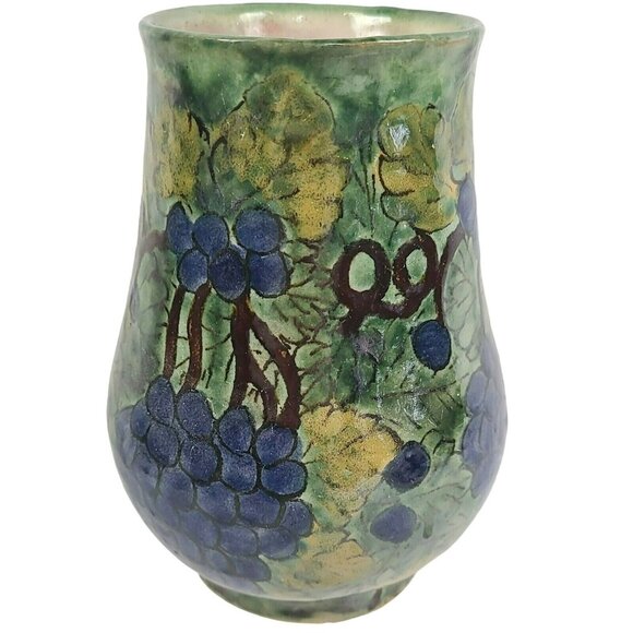 Talavera Pottery Vase La Corona Tlaxcala Mexico 6.75" Signed Grapes Grape Vine - Picture 5 of 9